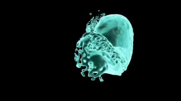 Turkoois gloeiende vloeistof spatten abstract en blijft roteren, geïsoleerd op zwarte achtergrond - Video