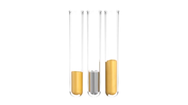 Gold and silver iquid flowing in three test tubes, isolated on white background - Footage, Video