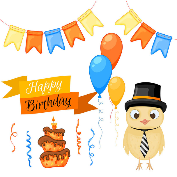 Party set with chick and colorful items on a white background. Inscription "Happy Birthday". Multicolored. Vector. - ベクター画像
