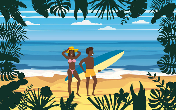 Happy Couple on Summer Vacation Beach. Wife and Husband with Surfboard enjoying Beach Vacation walking on Sand Sea Ocean Having Fun at Beach on Seashore Floral. Vector Illustration poster baner - Vector, Image