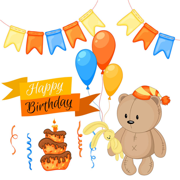 Party set with Teddy bear and colorful items on a white background. Inscription "Happy Birthday". Multicolored. Vector. - Vector, Image