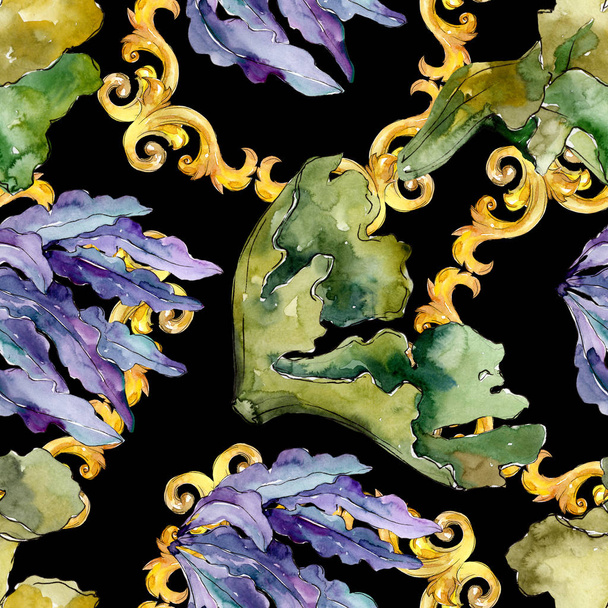 Green and violet aquatic underwater nature coral reef. Watercolor illustration set. Seamless background pattern. - Photo, image