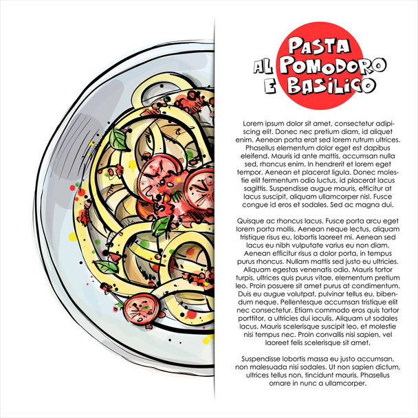 Tasty pasta with tomatoes and basil poster. Sketch style. Vector illustration - Vektor, kép