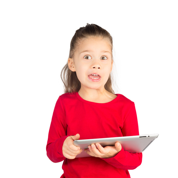 Funny Little Girl with Tablet Computer - Foto, Imagem