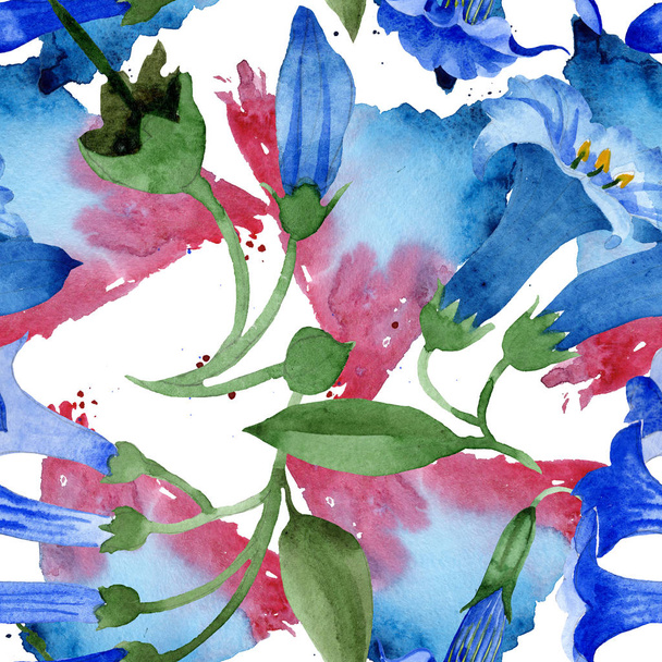 Blauwe Brugmansia bloemen botanische bloemen. Aquarel achtergrond illustratie instellen. Naadloos achtergrond patroon. - Foto, afbeelding