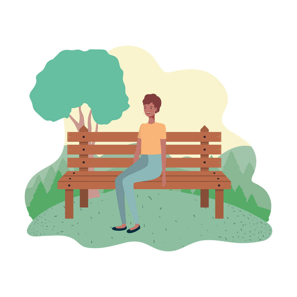 背景の風景と公園の椅子に座っている女性 - ベクター画像