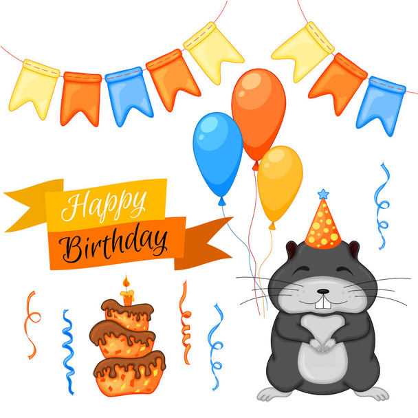 Party set with beaver and colorful items on a white background. Inscription "Happy Birthday". Multicolored. Vector. - Vettoriali, immagini