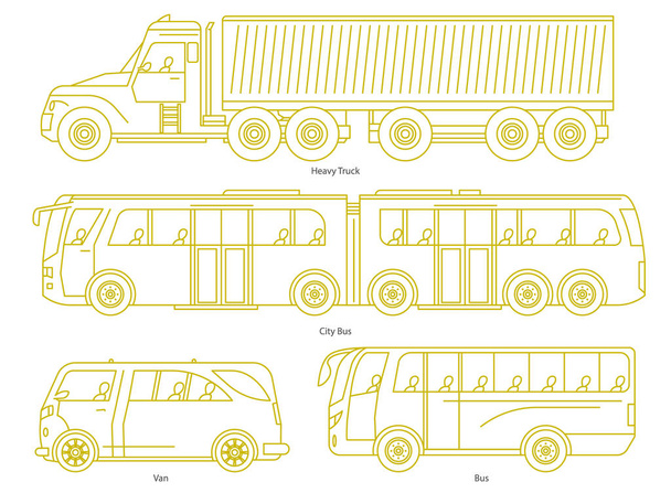 Araba vücut stili. Anahat Toplu taşıma ve Yolcu Coupe. Şehir otobüsü, ağır kamyon, Van. Üç ve beş kapılı araba. Monoline doodle simgeleri kümesi - Vektör, Görsel