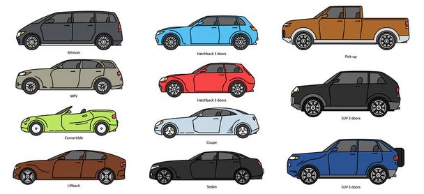 Car body style. Outline Public transport and Passenger Coupe. Outline Pickup, doodle Sedan, color Hatchback and Convertible SUV Minivan MPV. Three and five-door auto. Set of Monoline doodle icons. - Vector, Image