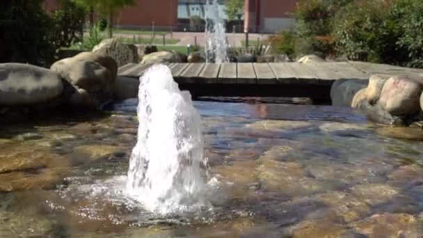 A small fountain in the form of a spring in a pond throws a stream of water up. The bottom and the shore are made of natural stone. Slow motion - Кадры, видео