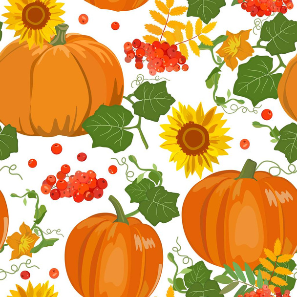 Seamless pattern with pumpkins, rowan and sunflowers. Autumn. Vector illustration - Vector, imagen