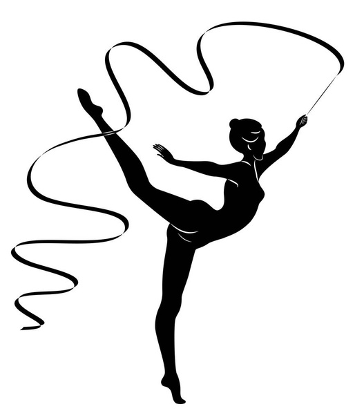 Ritmische gymnastiek. Silhouet van een meisje met een lint. Mooie gymnast. De vrouw is slank en jong. Vector illustratie - Vector, afbeelding