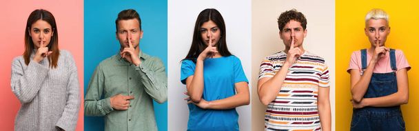 Set of people over colorful backgrounds showing a sign of silence gesture putting finger in mouth - Photo, Image
