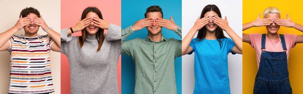 Set of people over colorful backgrounds covering eyes by hands - Photo, Image