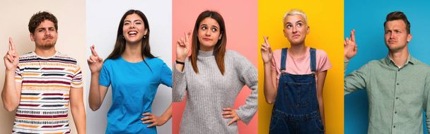 Set of people over colorful backgrounds with fingers crossing and wishing the best - Fotografie, Obrázek