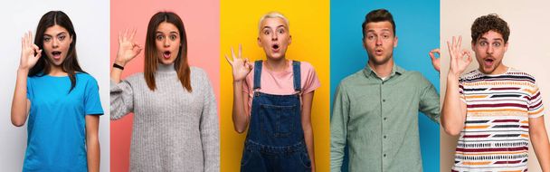 Set of people over colorful backgrounds surprised and showing ok sign - Photo, Image