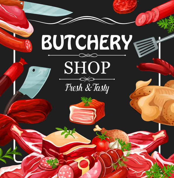 Butchery meat and sausages, butcher shop products - Vector, Image