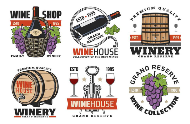 ワインハウスのアイコン、ワイン、ワイナリーの生産 - ベクター画像