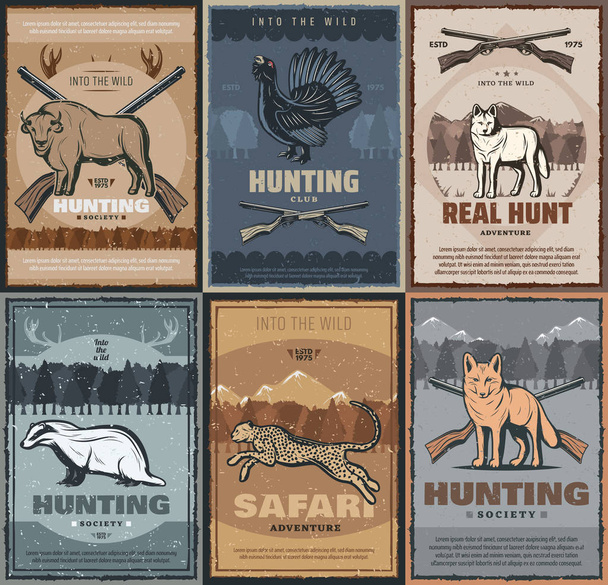Hunter club, hunting season adventure wild animals - Vector, Image