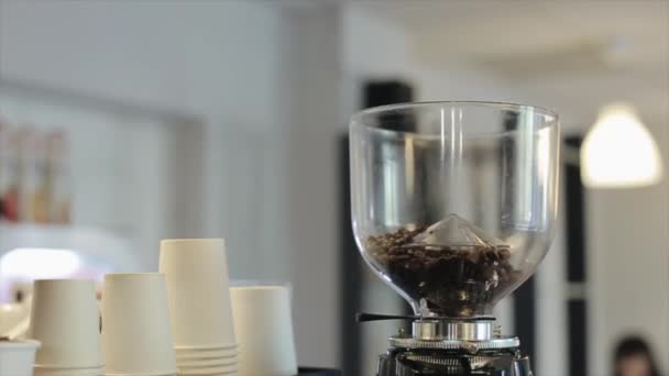 Mujeres manos vierten grano de café vertido de la taza de plástico en la máquina de café
. - Imágenes, Vídeo