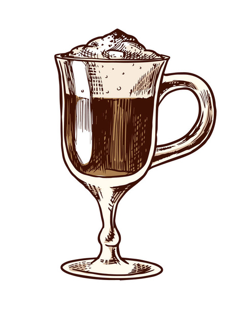 Egy csésze kávé latte a Vintage stílusban. Kézi vésett retro vázlat a címkékhez. Forró ital. Cappuccino sablon címkéhez vagy menühöz. - Vektor, kép