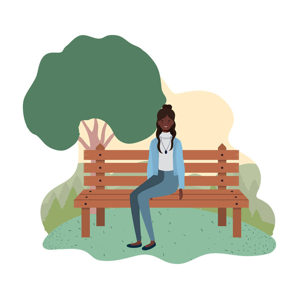 vrouw zittend in Park stoel met achtergrond landschap - Vector, afbeelding