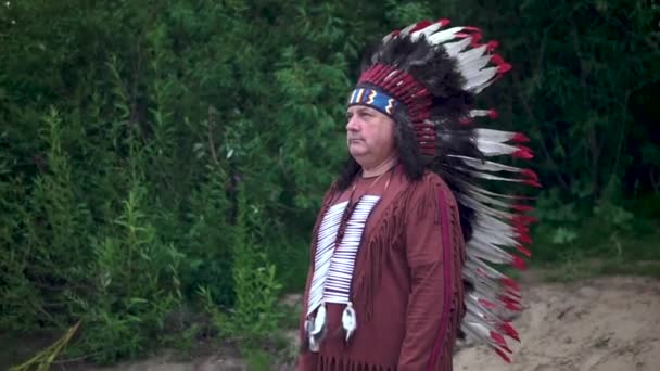 Alte Indianer grüßen und heben die Hand. Steht vor dem Hintergrund des Waldes - Filmmaterial, Video