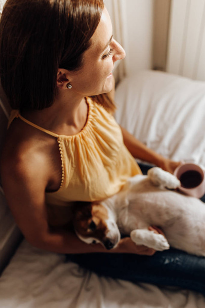 Top view of beautiful woman sitting on the bed looking out the window with her dog Jack Russell terrier lying in her legs and a cup of coffee at sunset - Foto, imagen