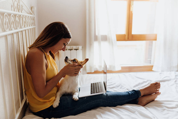Beautiful woman sitting on the bed with the laptop and her dog Jack Russell terrier on her legs caressing him. Love concept. - Zdjęcie, obraz