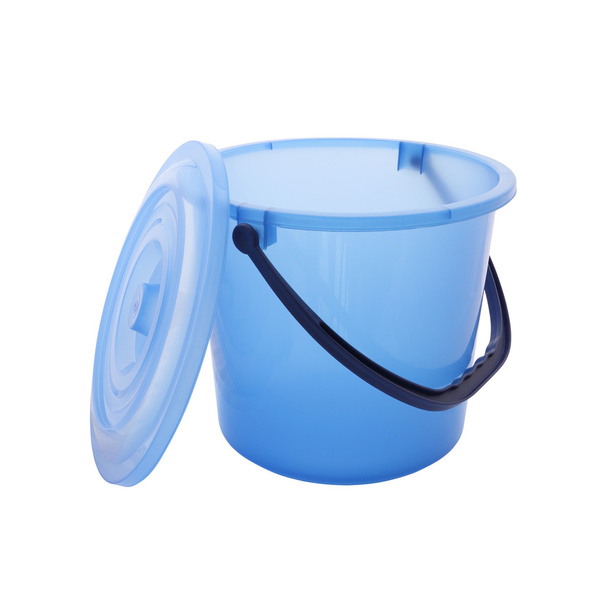 Blue bucket with opened cover on white background. - Zdjęcie, obraz