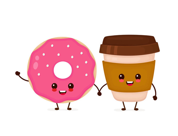 幸せなかわいい笑顔ドーナツとコーヒー  - ベクター画像