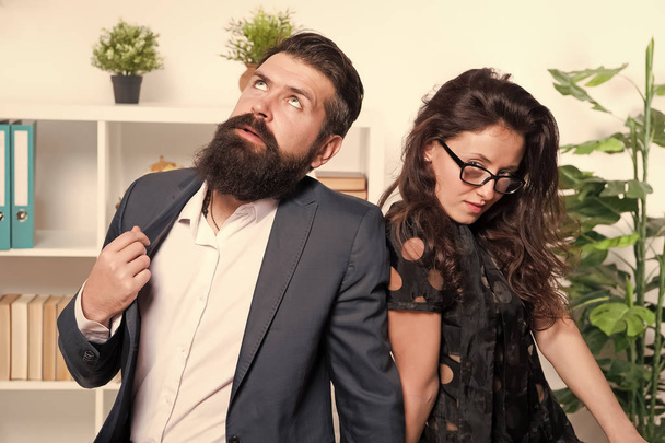 Tired man with beard and sexy woman. Young coworkers. Businesspeople. Teamwork. Business couple in office. Formal fashion dress code. Overtime. Tired from work. Tired office worker. feeling tired - Fotoğraf, Görsel