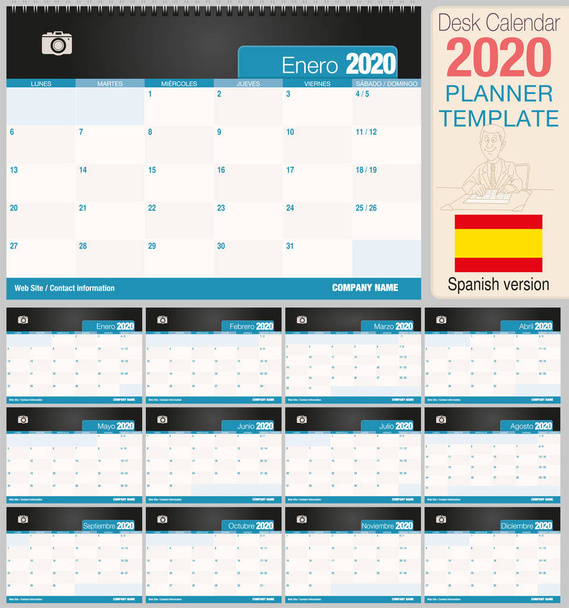 Calendario de escritorio útil 2020 con espacio para colocar una foto. Tamaño: 210 mm x 148 mm. Versión en español - Imagen vectorial
 - Vector, imagen