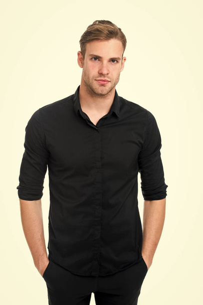 Elegance in simplicity. Rules for wearing all black clothing. Black fashion trend. Reasons black is the only color worth wearing. Man elegant manager wear black formal outfit on white background - Photo, Image