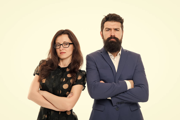 Business team. Formal fashion dress code. Team work and collaboration. Businesspeople. Business couple isolated on white. team of bearded man beard and sexy woman. office team power. looking perfect - Φωτογραφία, εικόνα