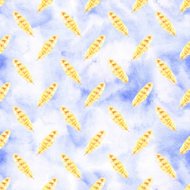Watercolor hand painted yellow feathers illustration seamless pattern isolated on white background. Seamless texture with hand drawn feathers. Illustration for your design. Bright colors. - Foto, Imagem