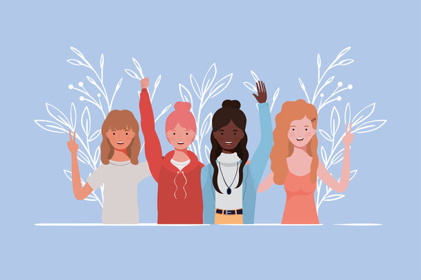 νέα και όμορφη διαφυλετικός κορίτσια ομάδα χαρακτήρες - Διάνυσμα, εικόνα