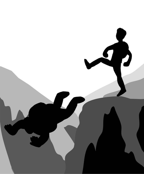 Bergsteiger treten schwache Freunde die Klippe hinunter. - Vektor, Bild