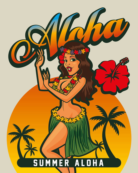 Zomer hete sexy Hawaiiaanse dame dansen op tropisch strand, vector illustratie - Vector, afbeelding