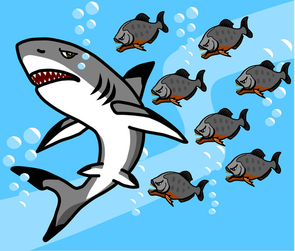 The fast and ferocious piranha is eating sharks. - Vector, Imagen