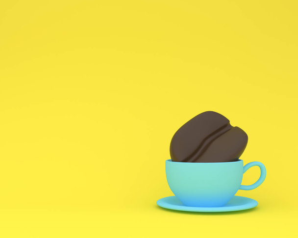 Δημιουργικό φτιαγμένο από φασόλια καφέ με μπλε κούπα καφέ στο κίτρινο παρελθόν - Φωτογραφία, εικόνα
