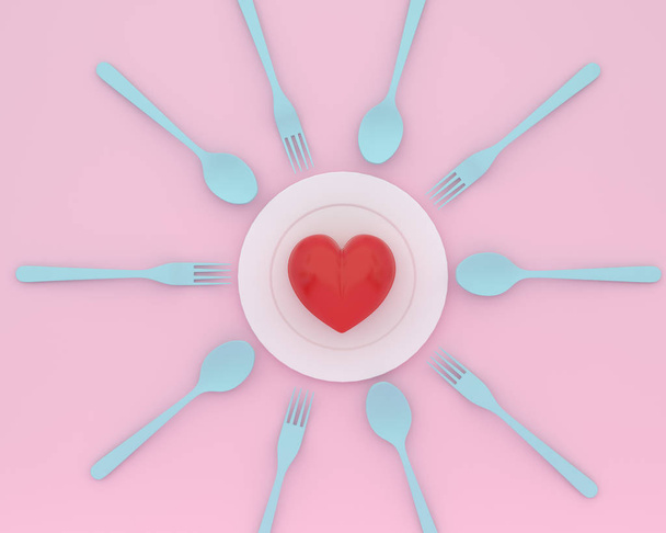 Kreatív ötlet elrendezés készült a szív a tányéron, kék kanál és - Fotó, kép