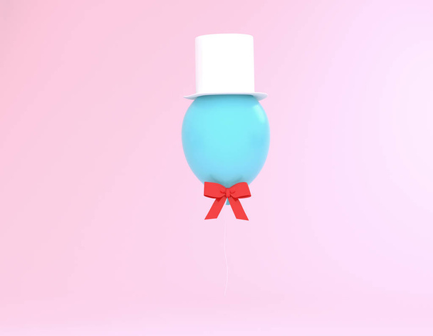 Creative layout made of blue balloon with hat and red ribbon on  - Photo, Image