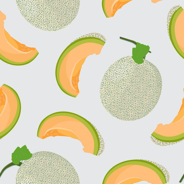 Melón entero y patrón sin costura rebanada sobre fondo gris, fondo fresco melón patrón, ilustración vector de fruta
. - Vector, imagen
