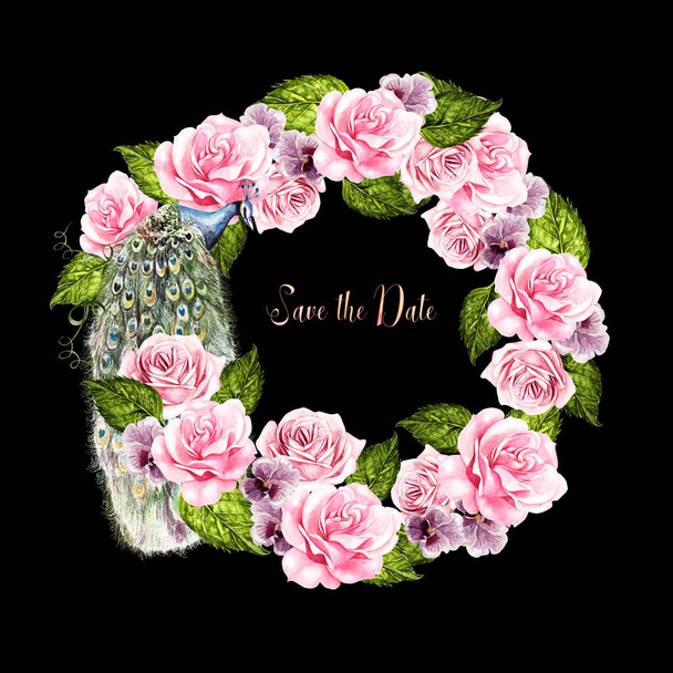 Красивая акварель свадебный венок с павлином, цветы из розы и фиалки
.  - Фото, изображение