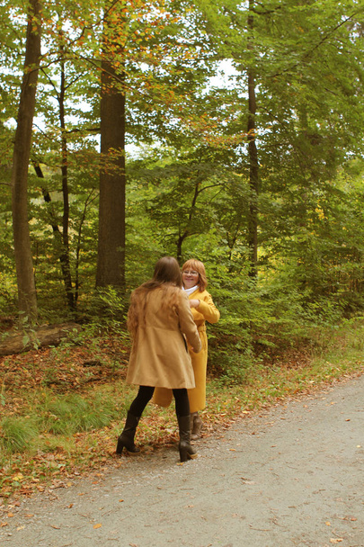 dva lidé, matka a dcera, Žena a mladá dívka držící se v ruce, tanec ve žlutém podzimní parku, koncept rodinných vztahů, generace - Fotografie, Obrázek