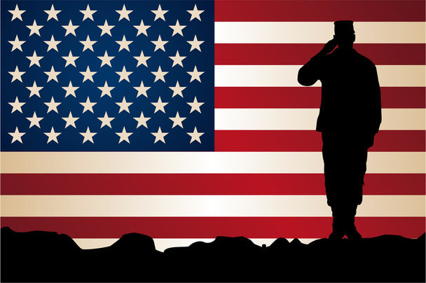 アメリカの国旗の前の兵士 - ベクター画像