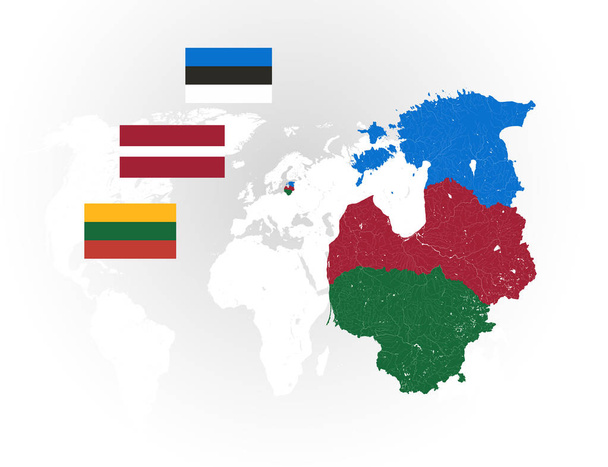 Map of Baltic states with lakes and rivers and national flags of - Vector, Image
