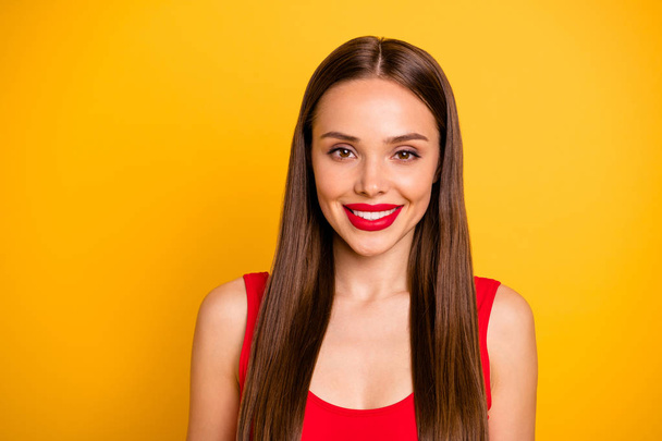 Close-up portrait of her she nice-looking attractive lovely lovable winsome charming cute cheerful cheery positive straight-haired lady isolated over bright vivid shine yellow background - Foto, afbeelding
