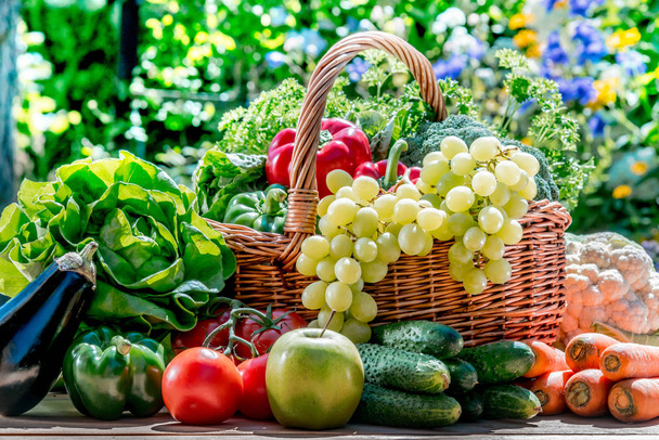Variedade de vegetais orgânicos frescos e frutas no jardim
 - Foto, Imagem